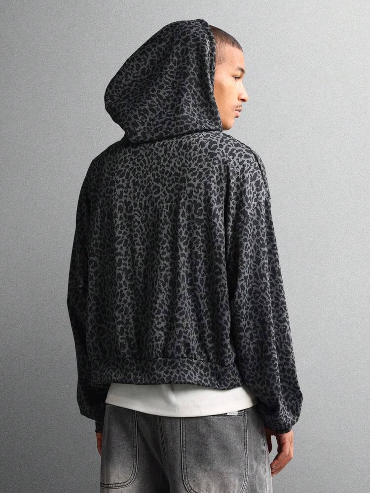 사이드 포켓이 있는 레오파드 프린트 풀 지퍼 후드 티셔츠