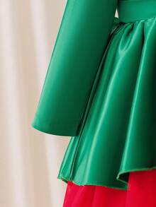 Glamorique Kids 1pc Girls' Christmas Dress,Green Satin Long Sleeves,Red Tulle Skirt,Detachable Bow Decor,Fall Winter Emerald Elegant Party,Sage Green,Summer - Green - View 7