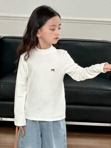 DAZY 女童圆领针织保暖内衬蝴蝶结刺绣长袖T恤，秋季款 - 白色 - 查看 2
