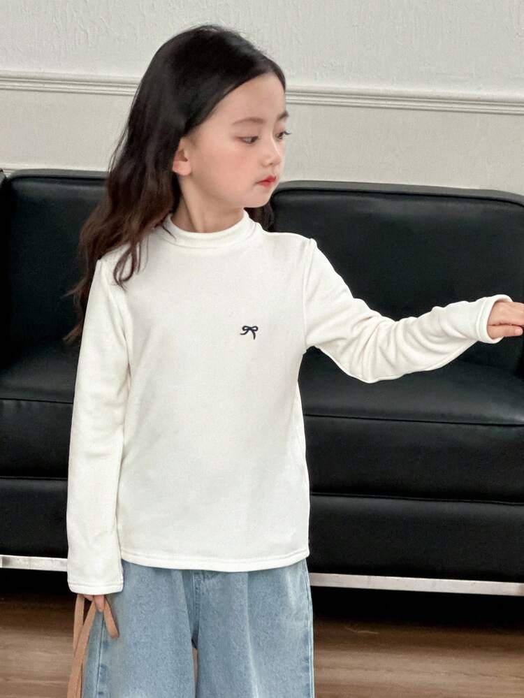 Girls' Round Neck Knitted Thermal Lined Bow Embroidered Long Sleeve T-Shirt, Autumn