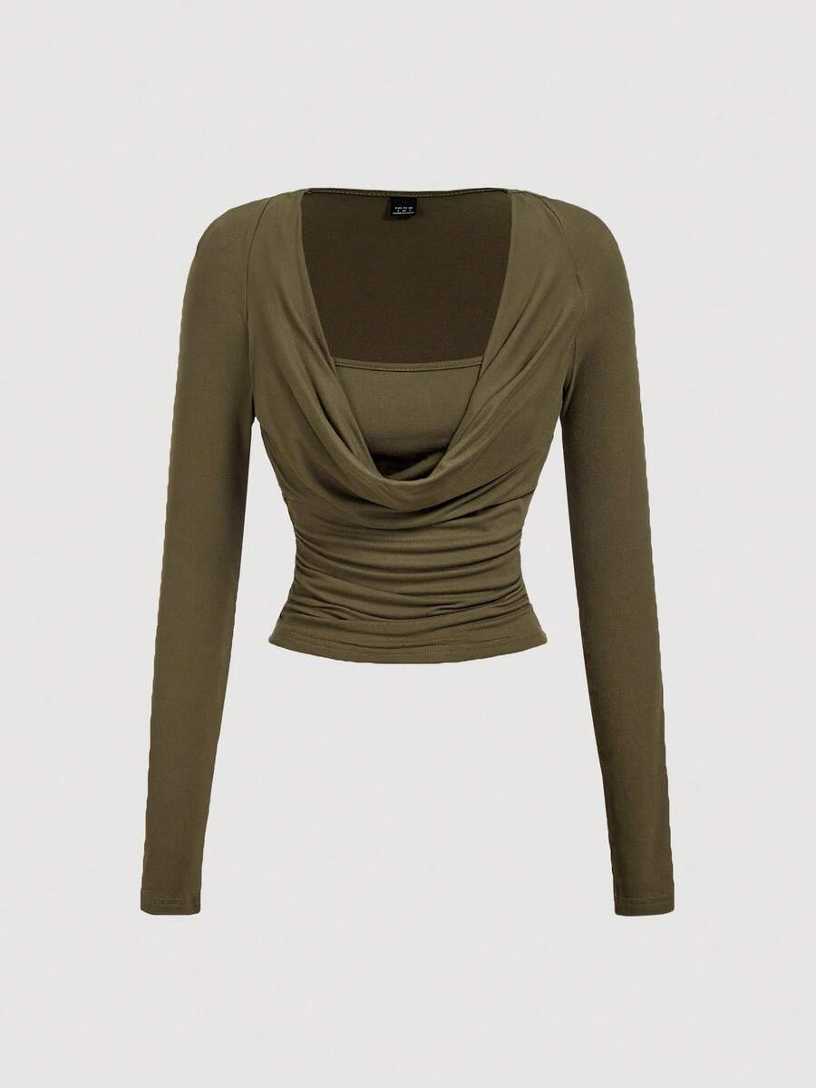 SHEIN MOD Ruched Scoop Neck Fitted Long Sleeve T-Shirt, Military Green, Cowl Neck Top - Army Green - View 1