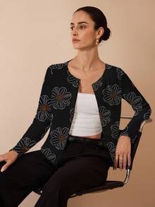 Glamance Shutterstock 黑色花卉印花休闲优雅简约女士长袖开衫，适合日常、工作、外出、办公室、复古旅行、秋冬外出等场合，优雅西装外套，时尚别致的服装系列 - 彩色 - 查看 4