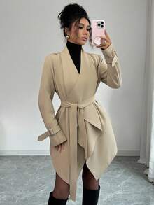Elenzga 女式优雅卡其色不对称下摆长袖收腰风衣，百搭秋季外套 - 卡其色 - 查看 4