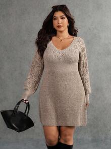 Elaquor Váy len dệt kim tay dài màu trơn cỡ lớn cho nữ vào mùa thu/đông - Màu Khaki - Xem 6