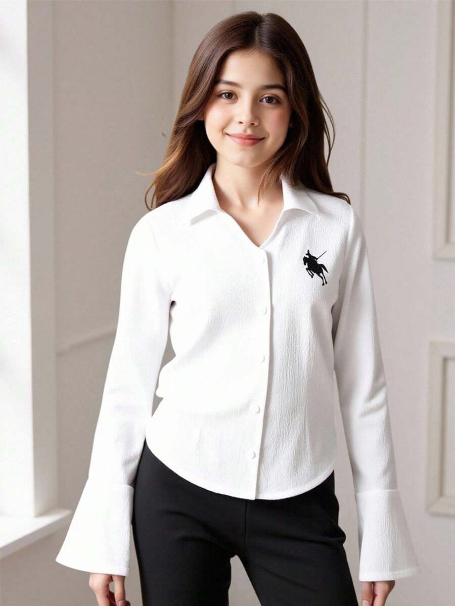 SHEIN 青少年女孩 V 领合身喇叭袖印花休闲衬衫,时尚百搭,适合秋冬季外出、购物、旅行,可搭配夹克、运动裤、牛仔裤 - 白色 - 查看 1