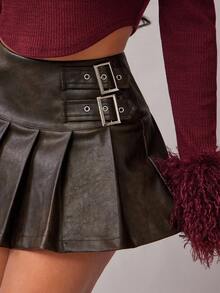 Radiana Casual Versatile Pleated Mini Skirt For Women Belt Skirt Leather Skirts Burgundy Skirt Brown Skirts,ملابس شتوية للنساء - Coffee Brown - View 8