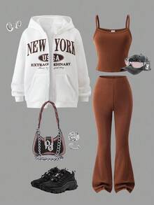 3pcs/Set Teenage Girls Casual Fashion Outfit: Khaki Camisole Top, Flare Pants, Long Sleeve Hooded Letter Print Jacket, Autumn/Winter Fall - Brown - View 1