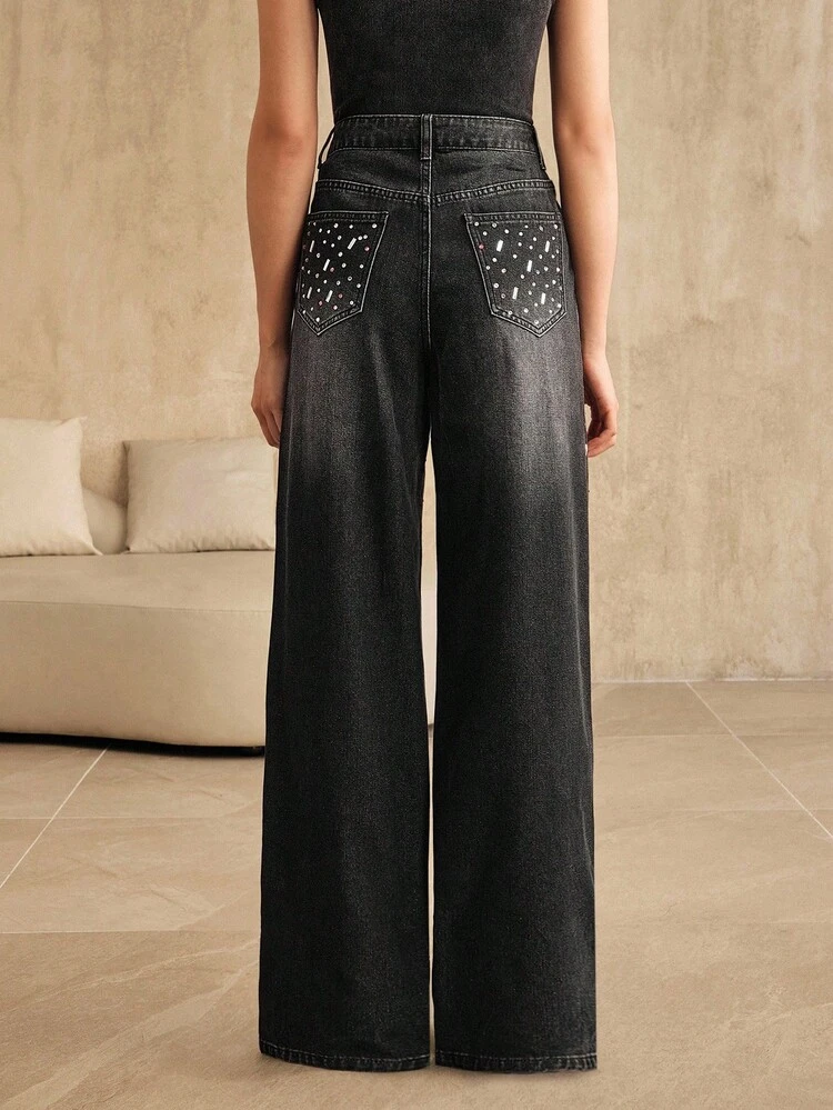 Women's New Rhinestone Embellished Black Straight Leg Pants, Suitable For Christmas, Dates