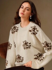 Anewsta 女士复古铆钉珍珠提花花卉针织毛衣、外套 - 奶油色 - 查看 7