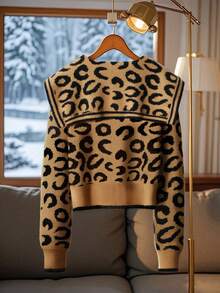 GlowEve 秋冬新款驼色豹纹毛衣开衫女时尚高端海军蓝领女士开襟针织外套