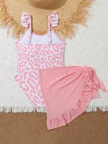 Chica preadolescente Bañador una pieza con estampado de leopardo ribete con fruncido con falda de playa - Multicolor - Ver 2