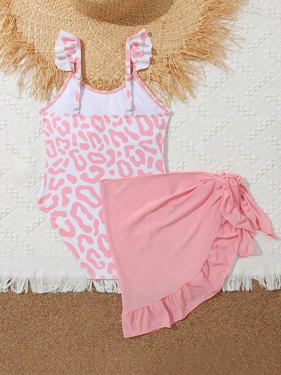 Tween Girl Leopard Print Ruffle Trim One Piece Swimsuit With Beach Skirt - Multicolor - View 1