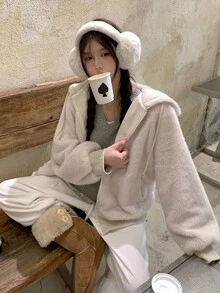 DAZY 女士纯色连帽宽松休闲仿皮草大衣，韩版夹克 - 藕粉色 - 查看 3