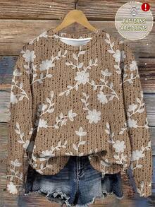 SHEIN LUNE 秋冬女士休闲花卉印花宽松圆领长袖运动衫 - 彩色 - 查看 7