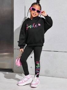SHEIN Young Girl Casual Street Thermal Lined Hoodie And Fitted Sweatpants Set Winter Halloween Costumes Winter Fall - Black - View 5