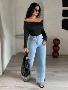 SHEIN SXY 不对称领口黑色长袖紧身衣 - 黑色 - 查看 4