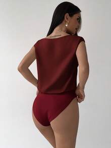 Firerie Bộ đồ liền thân bằng vải satin không tay cổ nhún bất đối xứng mới thanh lịch dành cho nữ, màu mơ, thiết kế tối giản, thích hợp cho các buổi hẹn hò, đi làm, mặc công sở, sang trọng - Màu Đỏ Sâu - Xem 3