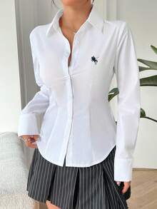 SHEIN EZwear 女士休闲真刺绣小马标志收腰长袖衬衫，适合秋冬季节，学院风，返校季，秋季上衣，时尚女式衬衫 - 彩色 - 查看 5