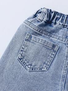 SHEIN ChillGRL 少女浅洗蓝草莓印花阔腿牛仔裤，舒适甜美休闲度假学院风推荐！舒适的浅洗蓝牛仔面料 - 淺色水洗藍 - 查看 7