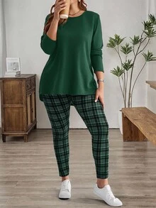 EMERY ROSE Bộ áo phông đen và quần legging kẻ caro cỡ lớn cho mùa đông dành cho nữ - xanh quân đội - Xem 3