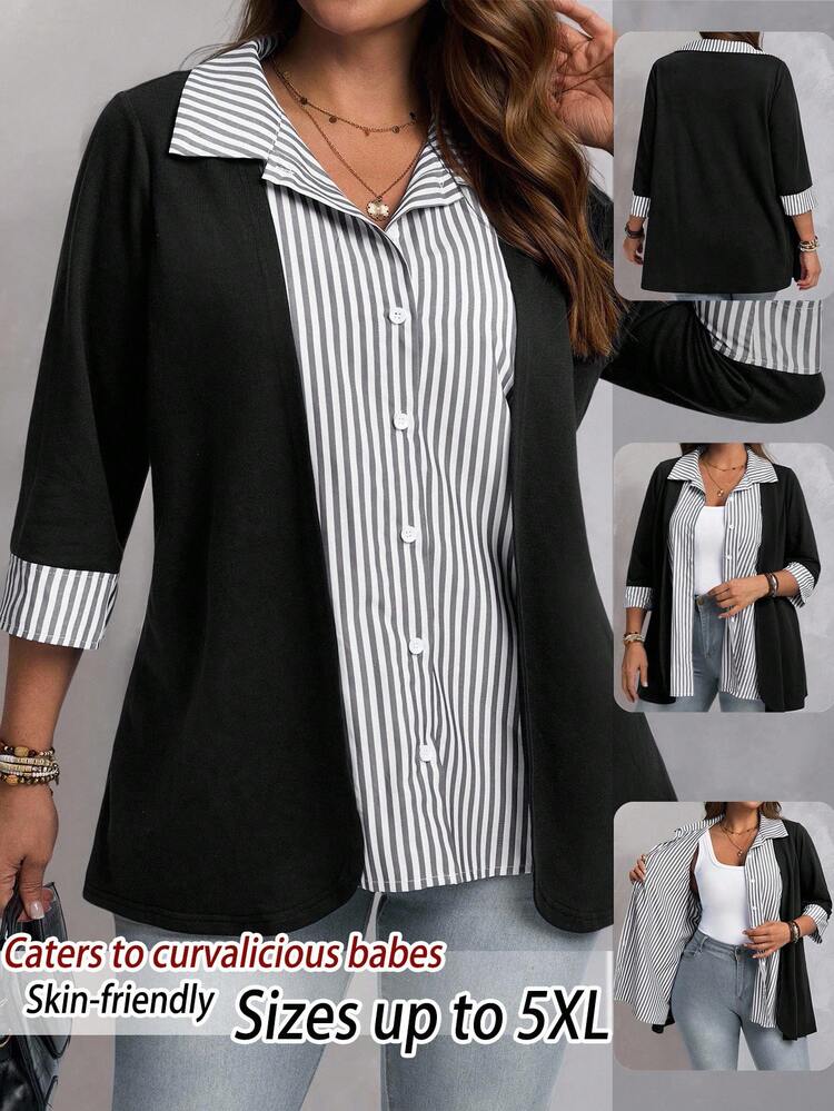 Plus Size Women Striped 3/4 Sleeve Casual Shirt/ Winter
