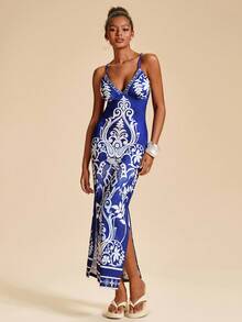 Travachic Women's Royal Blue And Floral V Neck Fitted Camisole Maxi Dress, Summer Boho Holiday Vacation, Luxury Elegant Wedding Guest Prom Outfits - Blue - View 4