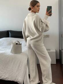 Livesso 2pcs Women Casual Collared Sweater And Pants Set, Autumn - Beige - View 2