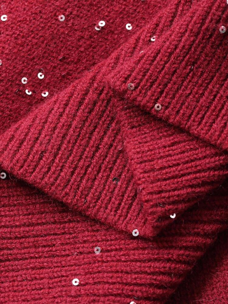 Dazy Plus Plus Size Women's Loose Fit Rhinestone & Sequin Bow Decor Red Christmas Sweater, Long Sleeve Pullover, Autumn/Winter,New Year