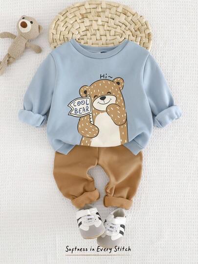 Cozy Pixies 2pcs Baby Boy Cartoon Bear Pattern Fleece Lined Soft Knit Crew Neck Long Sleeve Pullover Top And Solid Color Pants Set Fall Winter