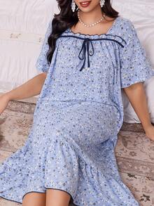 FloralLove CottageSlumber 女士加大码浪漫花卉印花蝴蝶结短袖睡裙，哞哞睡衣 - 彩色 - 查看 4