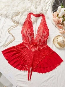 SpicyHot Plus Size Sexy Lace Backless Halter Bodysuit