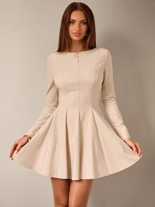 SHEIN BAE 杏色长袖修身荷叶边下摆迷你连衣裙，适合日常穿着、约会、派对、优雅鸡尾酒会、浪漫约会、聚会、正式活动、伴娘礼服、晚间外出 - 杏色 - 查看 1