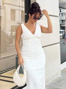 NegzBox Váy dài chữ A cổ chữ V họa tiết hoa nhỏ xinh xắn - trắng - Xem 4