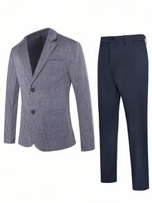 Manfinity Mode Men's Fashion Single-Breasted Lapel NeckSuit & Pants Set - Navy Blue - View 12