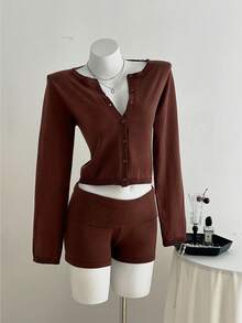 SHEIN Unity Women's Casual Cardigan And Folded Knit Shorts 2 Pieces Set, Autumn/Winter Brown Two Piece Set Fall Cloth For Women - Brown - View 4