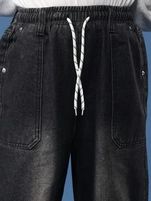 SUMWON 棉质青少年男童阔腿牛仔裤滑板风格经典原色牛仔宽松版型街头潮流休闲宽松裤四季日常下装宽松剪裁 - 黑色 - 查看 8