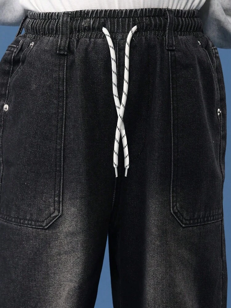 Wide Leg Dark Denim Jeans With Drawstring Waist