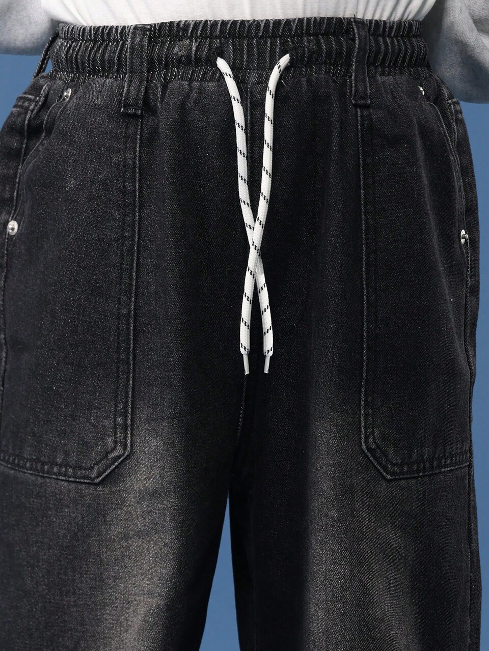 Wide Leg Dark Denim Jeans With Drawstring Waist