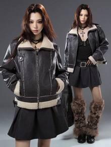 Bloopia Retro American Style Women's Autumn/Winter Halloween New Faux Fur Distressed Texture Composite Material Fashion Classic Versatile Women Jacket Coat - Black - View 1