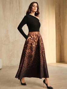 Anewsta 复古不对称肩部长袖针织拼接渐变豹纹A字连衣裙，适合秋季、冬季、新年、派对、婚礼等场合，优雅别致，时尚有型，是晚宴的理想之选。 - 彩色 - 查看 4