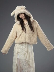 Bloopia 复古甜美可爱毛绒兔耳宽松女款秋冬万圣节新款羊羔绒短款连帽衫 - 卡其色 - 查看 6