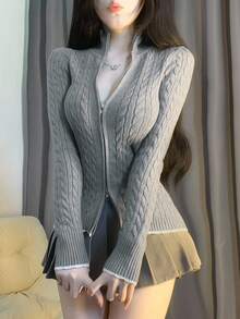 Women's Textured Cable Knit Sexy Fitted Sporty Sweater, Color Block Lace Patchwork Stand Collar Casual Cardigan, Autumn/Winter - Grey - View 12