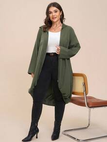 Comfylo 秋冬大码休闲纯色连帽夹克 - 軍綠色 - 查看 7