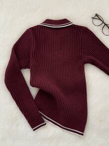 Muvela 女士休闲复古条纹翻领纽扣长袖毛衣，复古学院风，返校季，日常穿着，温暖舒适，秋季，复古风 - 酒紅色 - 查看 2