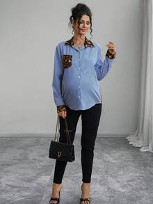 Momance Chemise de maternité à manches longues, col chemise, fermeture à boutons devant, patchwork léopard et rayé