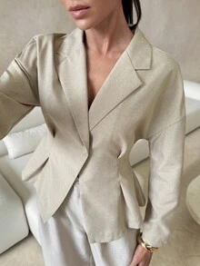 Lavishia Women's Solid Color Lapel Collar Drop Shoulder Long Sleeve Pleated Elegant Blouse In Fall/Winter - Apricot - View 3