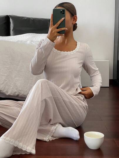 DAZY 女士针织撞色荷叶边领家居服套装，秋季睡衣