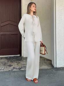 ZIRRA Women's Casual/Office Wear Solid Color Tie-Up Shirt And Pants 2 Pieces Set - Apricot - View 4