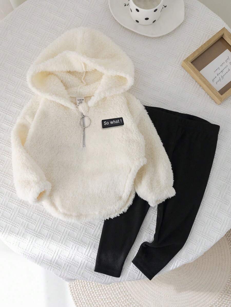 2件套女婴可爱抓绒长袖字母印花卫衣和针织打底裤套装，秋冬季婴儿品牌服装套装，秋冬季女婴冬季服装，女婴套装，舒适精灵套装，女童2件套冬季毛绒服装 - 彩色 - 查看 1