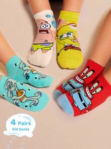 SpongeBob SquarePants | SHEIN 4 双棉质柔软透气吸湿排汗儿童短袜，彩色可爱卡通图案踝袜，加固脚趾和脚跟，经久耐用，男女通用，适合所有季节，百搭，适合学校和户外，夏季冬季，帕特里克、章鱼哥、蟹老板 - 彩色 - 查看 2
